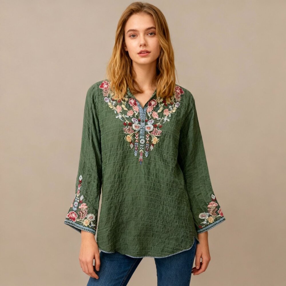 NWOT Johnny Was Biya Embroidered Green Floral Beaded Tunic Shirt Blouse Sz S